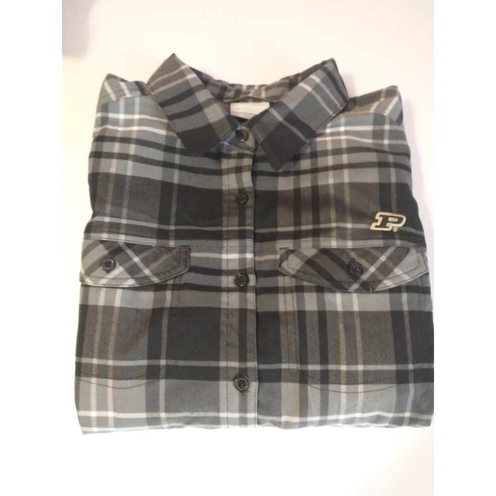 Columbia Flannel Shirt‎ Women's Large Black Gray Plaid Purdue Logo - Picture 2 of 7